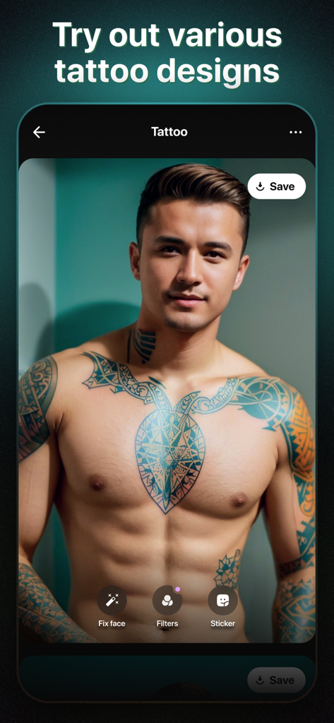 AI Boost app interface showing a shirtless man with realistic AI generated tattoos on his chest and arms