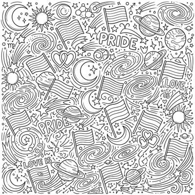 Dive into a universe of love and stars with this unique coloring page, blending intricate celestial patterns with the vibrant spirit of Pride. Featuring planets, galaxies, and waving Pride flags, it's perfect for celebrating diversity and creativity.