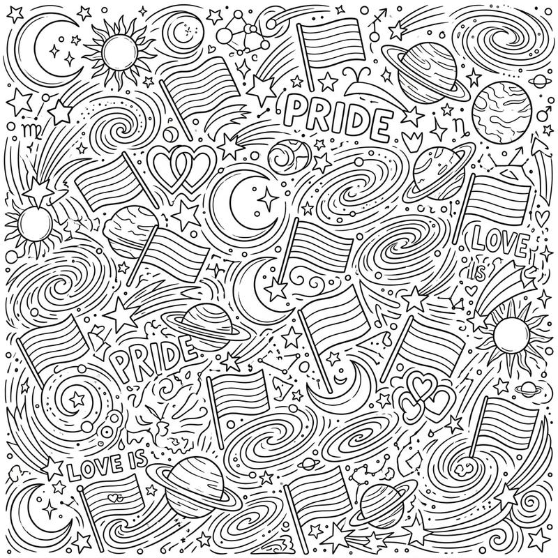 Dive into a universe of love and stars with this unique coloring page, blending intricate celestial patterns with the vibrant spirit of Pride. Featuring planets, galaxies, and waving Pride flags, it's perfect for celebrating diversity and creativity.