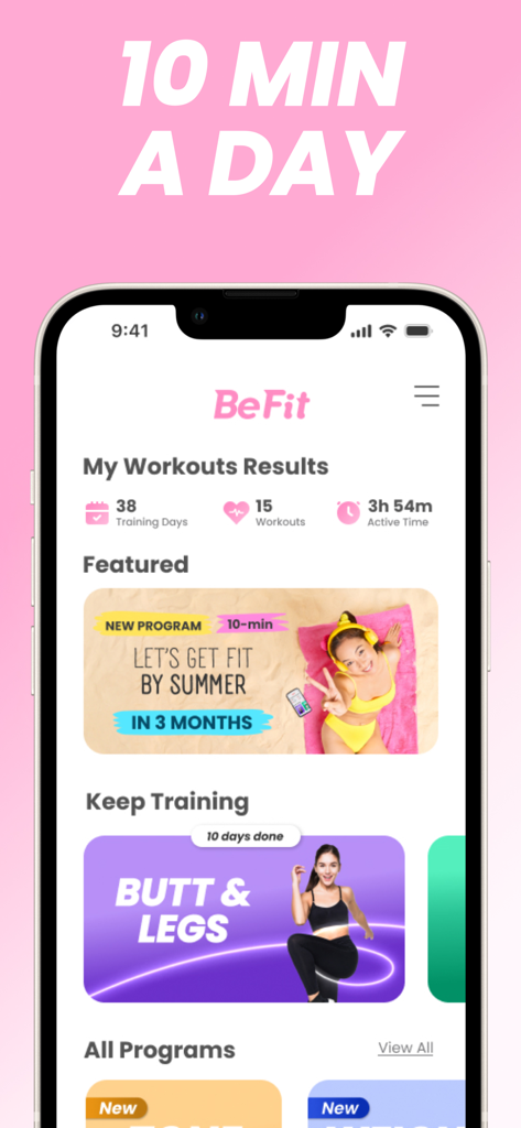 Interfaz de la aplicación Be Fit que muestra resultados de entrenamiento y programas de entrenamiento para mujeres