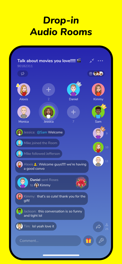 Interfaz de la app LMK que muestra una sala de audio grupal con avatares y chat en tiempo real.