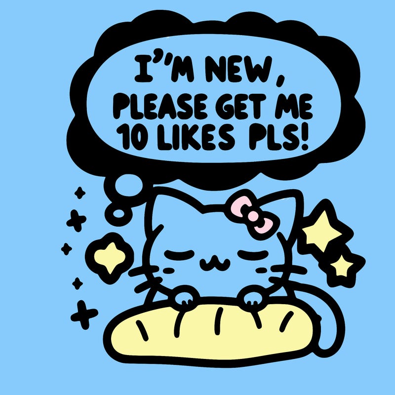 kitty taking a nap dream talking and saying "i'm new, please get me at least 10 likes pls!!"