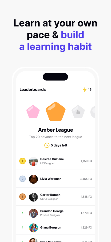 Uxcel: Learn UX design, PM, AI - Schermata dell'app Uxcel che mostra la classifica Amber League con classifiche e profili utente.