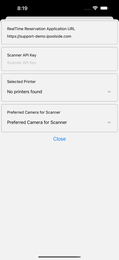 RealTime Reservation Manager application configuration screen showing scanner and printer settings