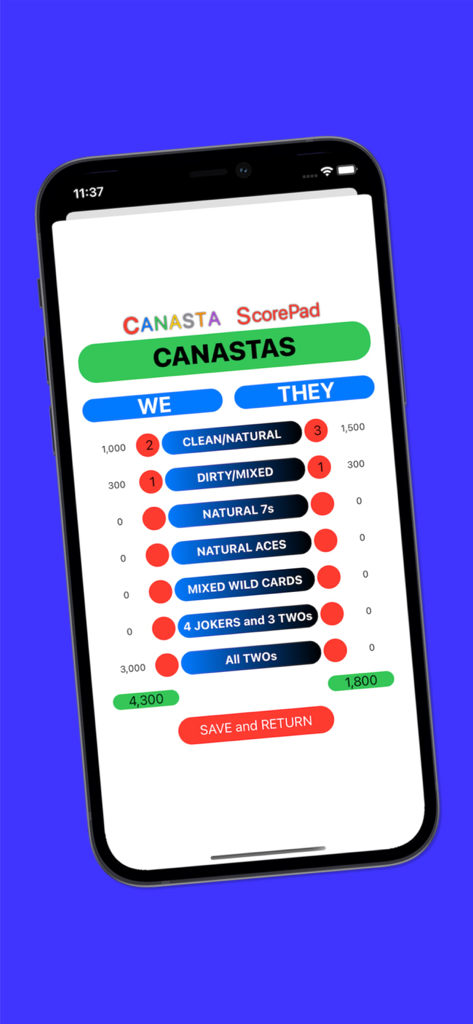 Canasta ScorePad - Canasta ScorePad app interface displaying scoring for natural and mixed canastas between two teams