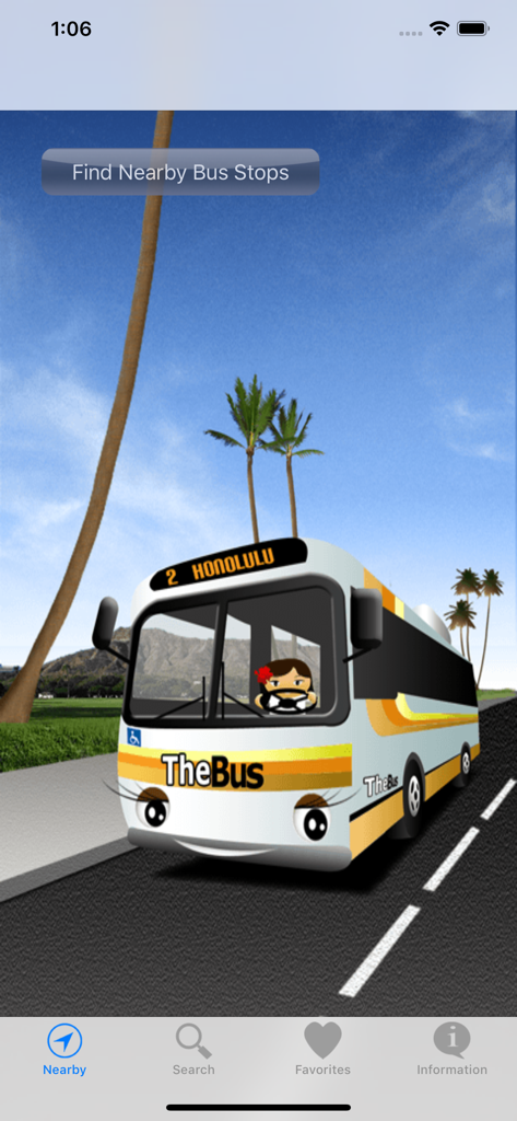 The home screen of the DaBus2 app for Oahu showing a cartoon bus and a button to find nearby bus stops.