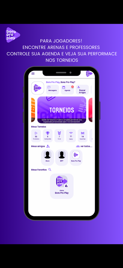 Bora Pro Play - Bora Pro Play mobile app interface showing player tournament statistics and social features