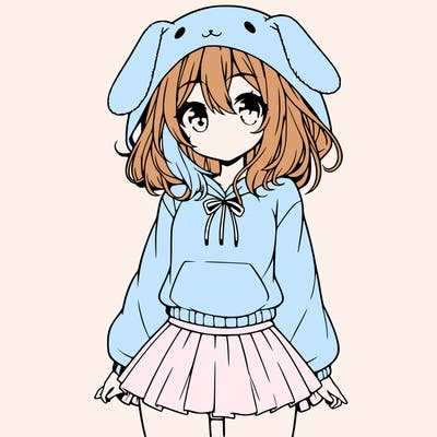 pretty anime girl wearing a fluffy hoodie with bunny ears on the hood and a skirt