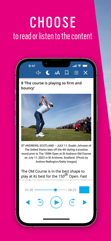 Today's Golfer: Golf Advice - A mobile screen from the Today's Golfer app showing an article about Dustin Johnson with an integrated audio player for listening to the content.