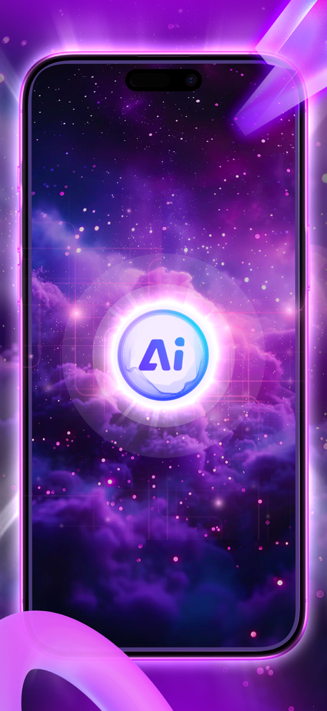 MetaChat app screen showing a glowing AI logo on a purple nebula background