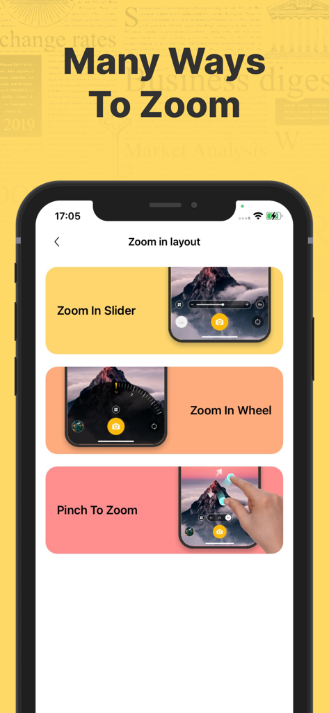 Magnifying Glass (Magnifier) - Interfaz de la aplicación Magnifier que muestra diferentes métodos de zoom, incluidos el dial deslizante y los gestos de pellizcar