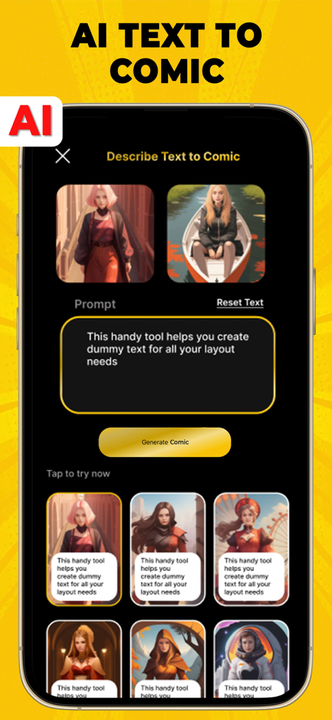 AI text to comic interface in the Comic Cartoon Story Maker app showing a text prompt and generated character art