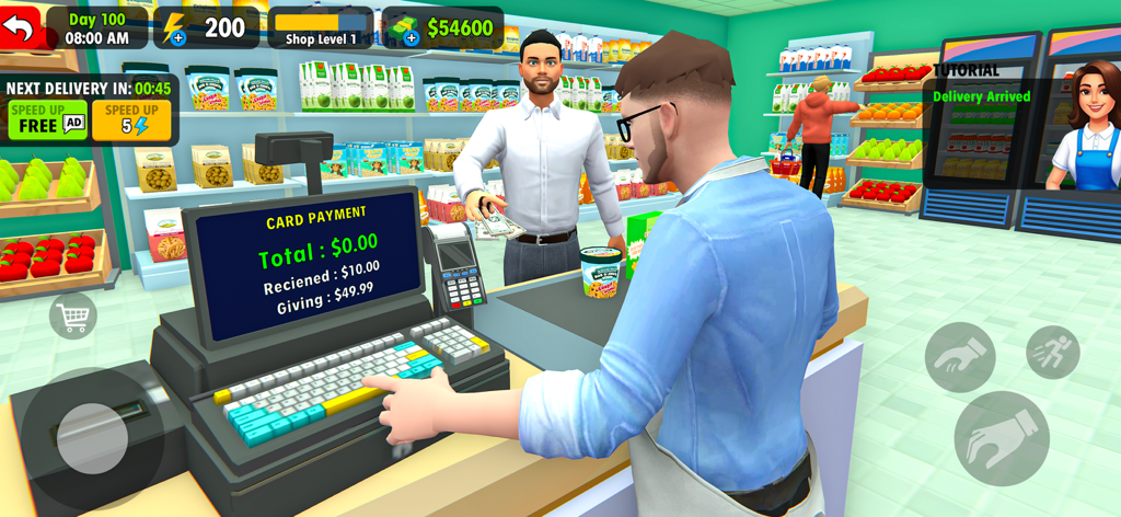 A 3D supermarket simulation game showing a cashier at the checkout counter with a customer.