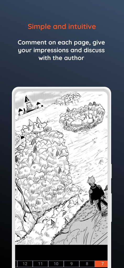 Mangadraft - Manga & Webtoons - Une capture d'écran de l'application Mangadraft présentant une page de manga avec une illustration et du texte décrivant les fonctionnalités de commentaires interactifs