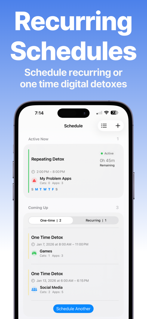 Digital Detox ADHD AppBlocker - Pantalla de la aplicación Digital Detox mostrando la configuración de sesiones de desintoxicación digital recurrentes y únicas para bloquear aplicaciones