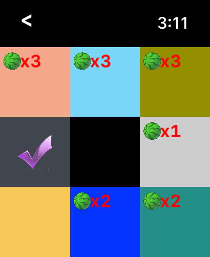 Merge Watermelon 4 Watch - A 3x3 grid of colorful squares on an Apple Watch screen displaying watermelon counts and a selection checkmark.