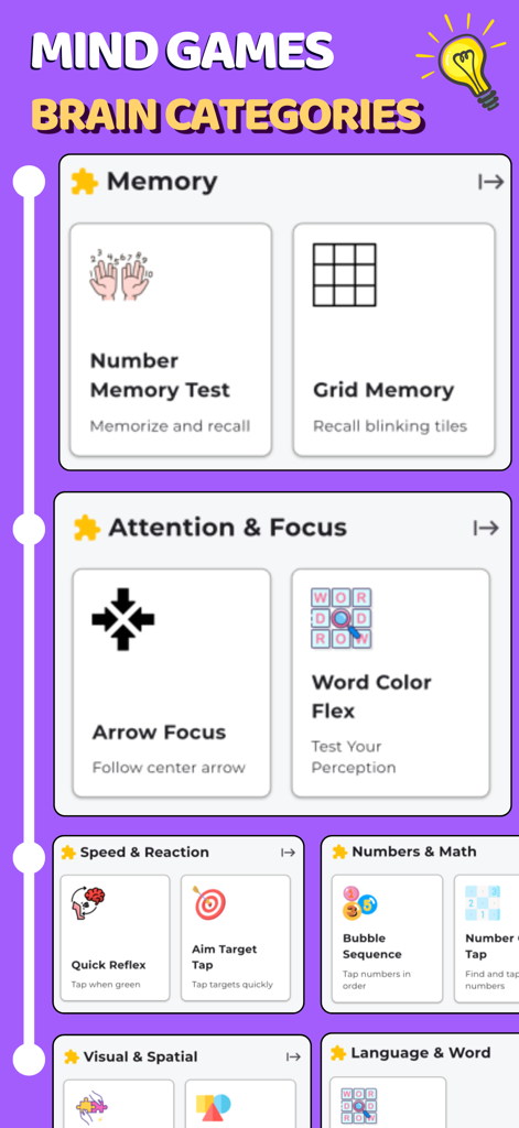 Mind Games: Brain Training Gym - Interfaz de la aplicación Mind Games que muestra categorías de entrenamiento cerebral como memoria y concentración
