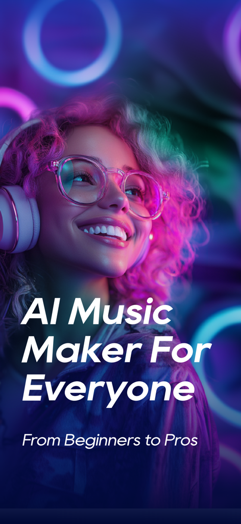 Mureka - AI Music Generator - MurekaアプリのAI音楽メーカー、誰もが使えるというテキストが表示された、ヘッドフォンをつけた笑顔の若い女性