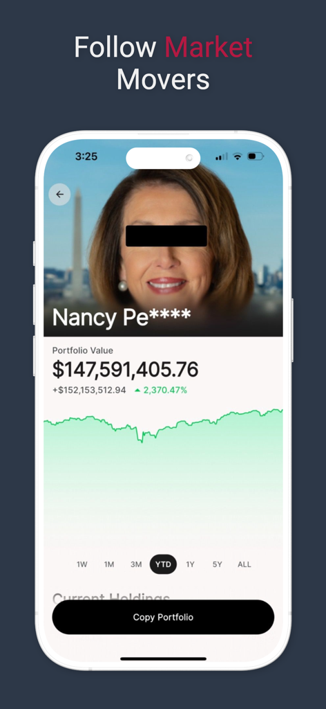 Insiderwave app screen showing a high value portfolio performance chart and copy trade button