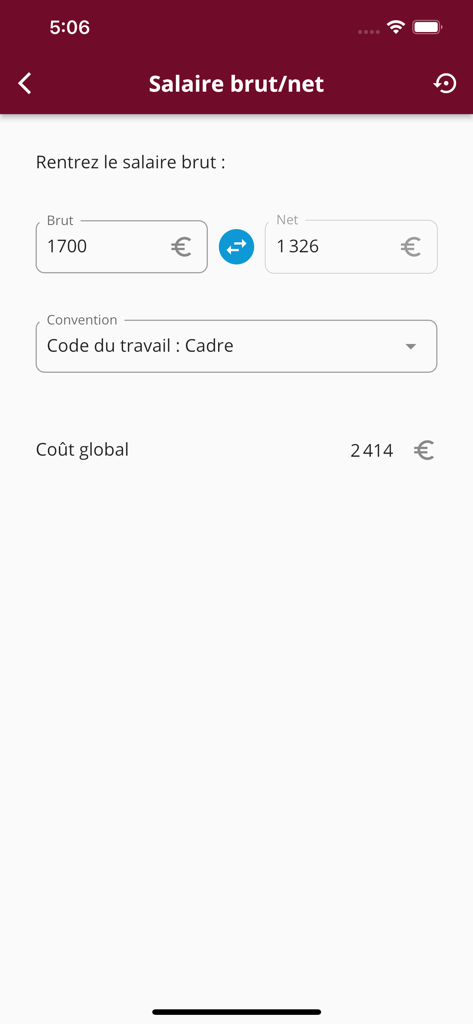 Mobile screen showing gross and net salary calculation with global cost for an executive profile
