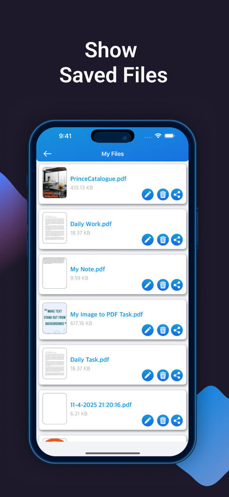 PDF Compressor: Scan & Edit - Un elenco di documenti PDF salvati nella sezione I miei file dell'app Compressore PDF