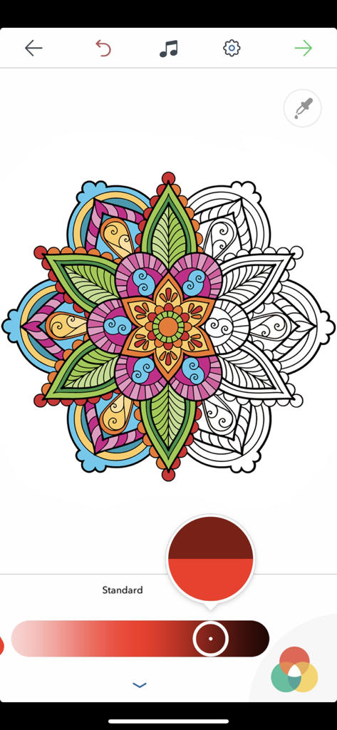 Cool Mandala Coloring Pages - Digital mandala coloring page with a red color palette selector