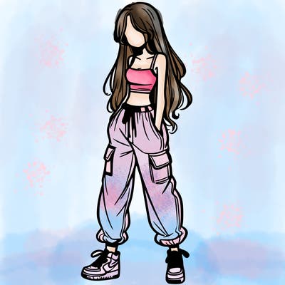 girl in baggy pants crop top and long hair