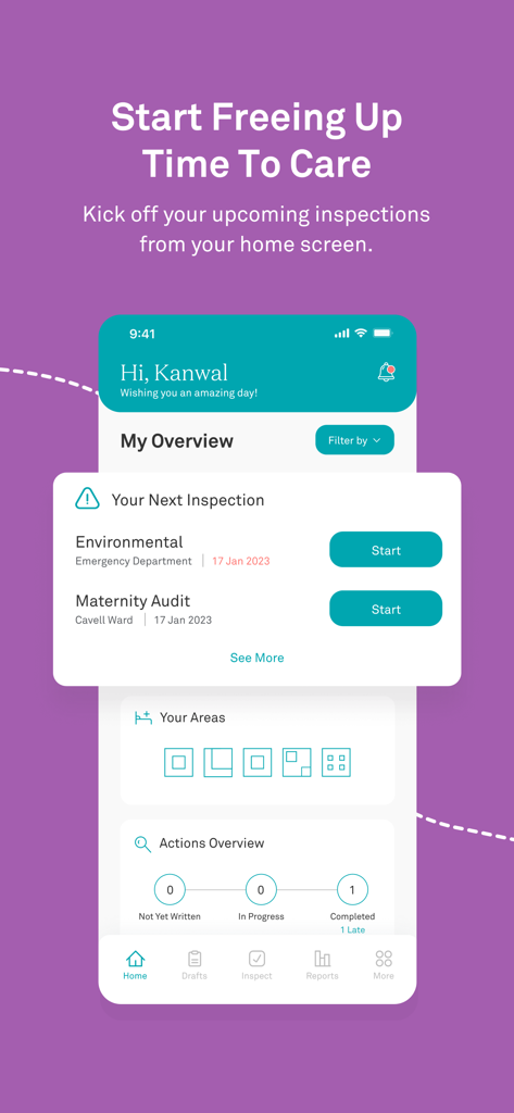 Tendable | Healthcare Audits - Tendable app dashboard showing upcoming healthcare inspections and audit progress overview