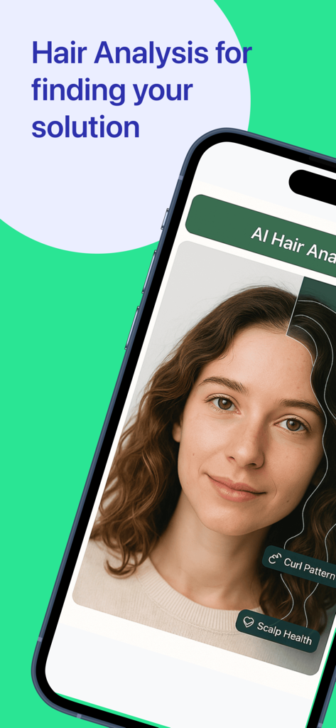 A smartphone screen displaying the Hairmony app using AI to analyze a woman's hair for scalp health and curl pattern.