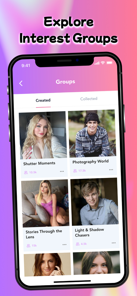 Rave: Live Stream & Video Chat - Interfaz mostrando grupos de interés de fotografía en la aplicación Rave