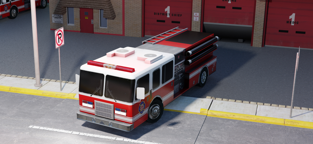 911 Emergency Simulator Game - A red fire truck parked in front of a fire station in the 911 Emergency Simulator Game.