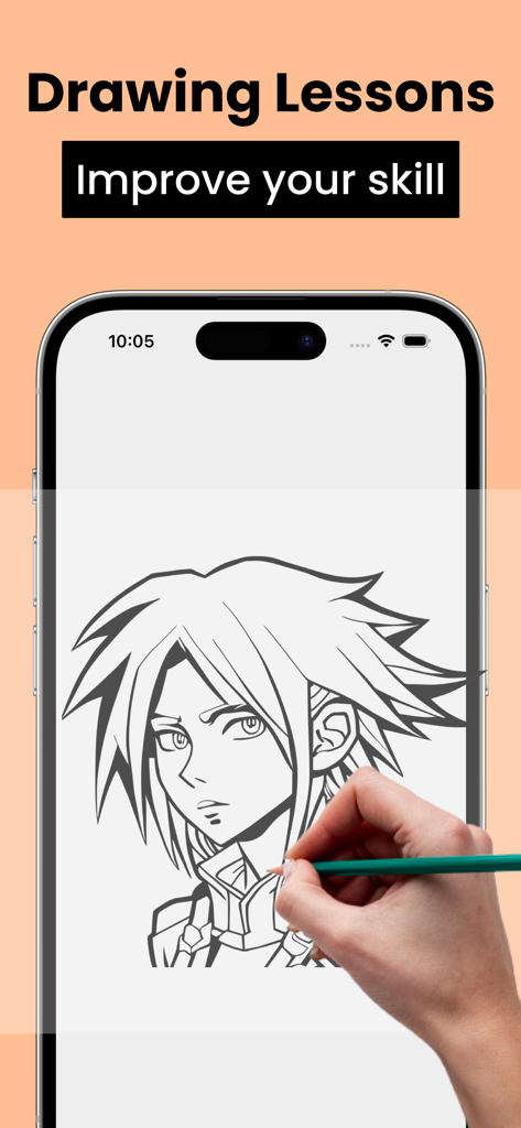 AR Drawing Sketch Paint; Trace - Pantalla de smartphone mostrando una lección de dibujo de anime para trazar y esbozar