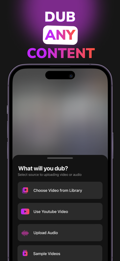 Dubbing AI Video Translator - Oberfläche der DUBZ AI App mit Optionen zum Hochladen von Videos aus der Bibliothek oder von YouTube zur Synchronisation.