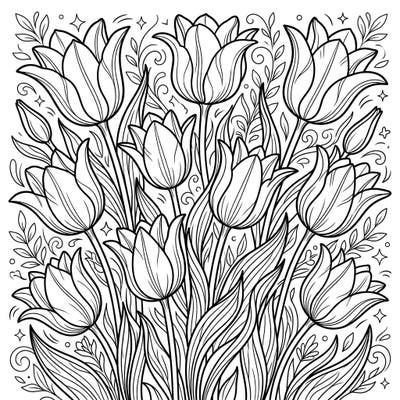 Discover an exquisite coloring page featuring elegant lily-flowered tulips, perfect for teens seeking a stylish and engaging artistic challenge. Immerse yourself in intricate floral designs and bring this vibrant garden to life with your favorite colors.