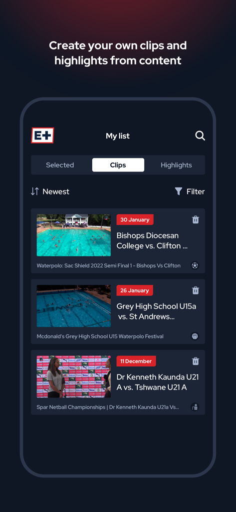 ESPORTPLUS S.L. - ESPORTPLUS app screen showing personalized clips and highlights of amateur sports matches