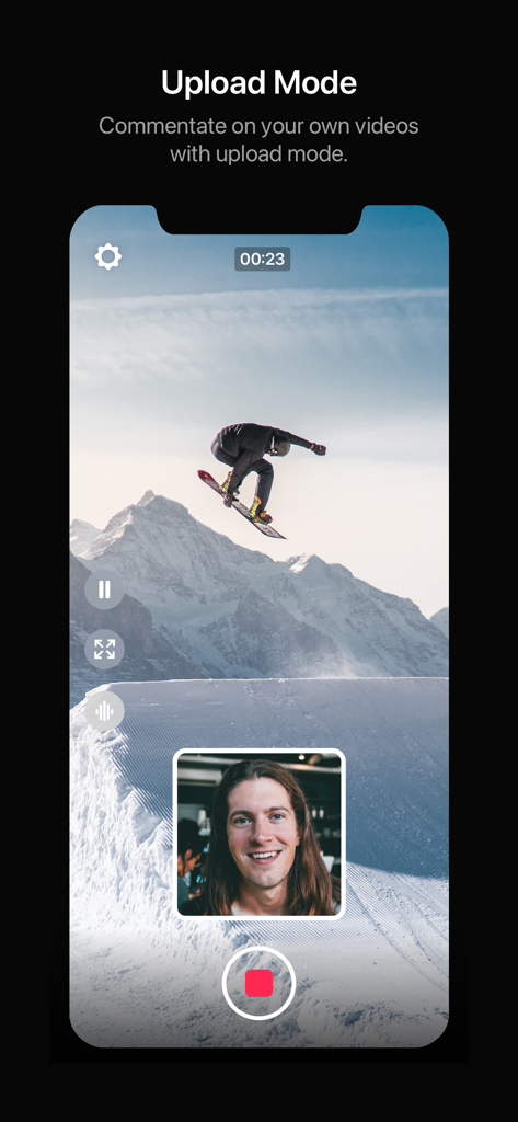 Dual Camera Split Videos: Revo - A user recording a reaction video over a snowboarding clip using Revo Upload Mode in picture-in-picture layout