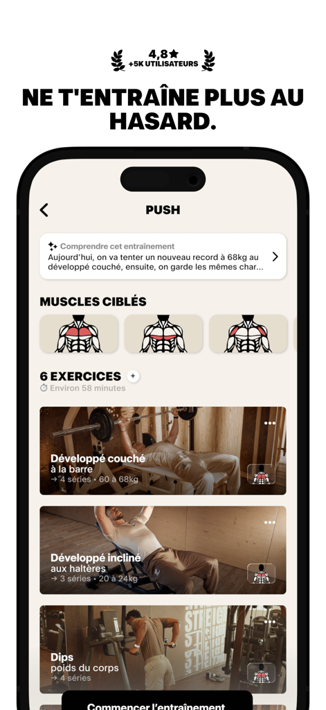 Mobile interface of the Hyper fitness app showing a structured push day workout with targeted muscle diagrams and exercise video previews