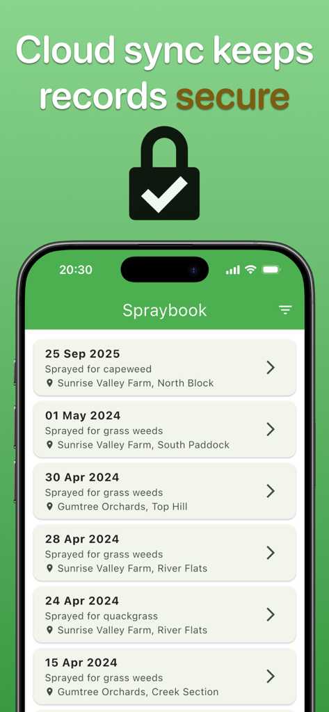 A smartphone display showing the Spraybook app with a list of historical spray records and a header emphasizing secure cloud synchronization.