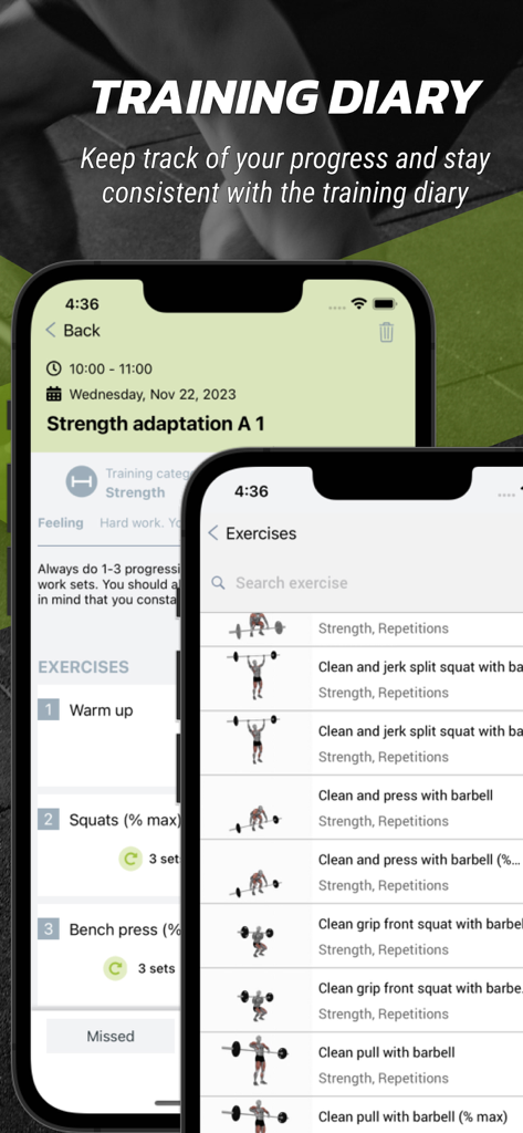 トレーニング日記のログと筋力トレーニング種目のリストが表示されたAthlete Analyzerモバイルアプリのインターフェース。