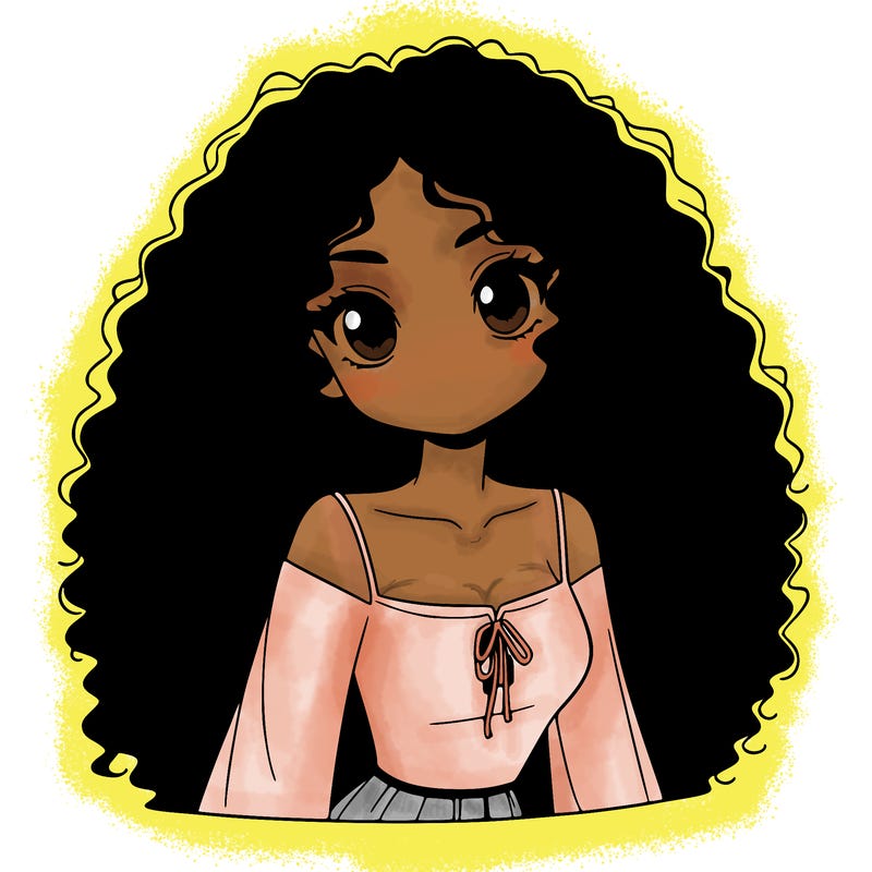 a black anime girl with long afro hair
