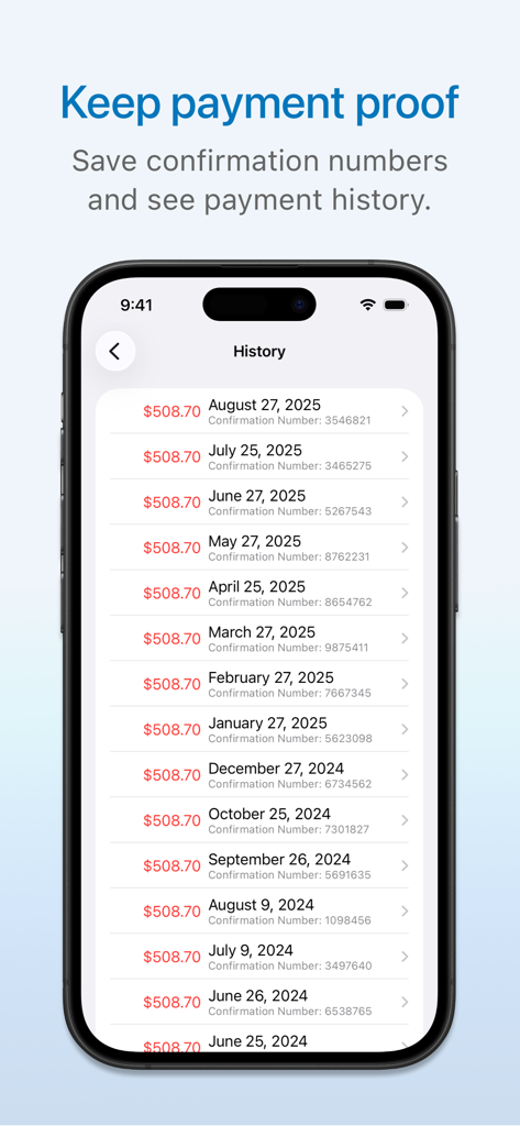 Chronicle bill organizer app showing payment history and confirmation numbers for proof of payment on an iPhone screen.