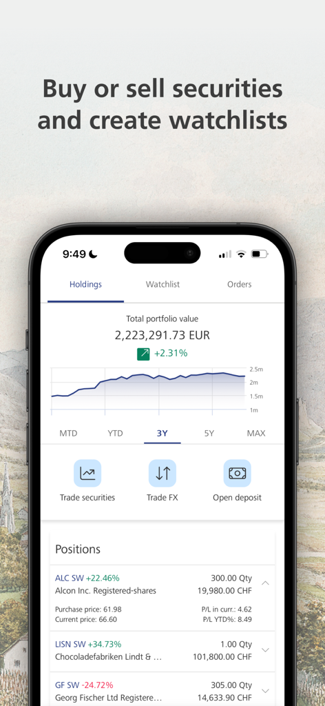 LGT SmartBanking App - LGT SmartBanking dashboard showing a multi-million euro portfolio performance chart and investment holdings