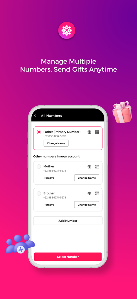 MySmartfren app screen displaying multiple managed phone numbers for a single account