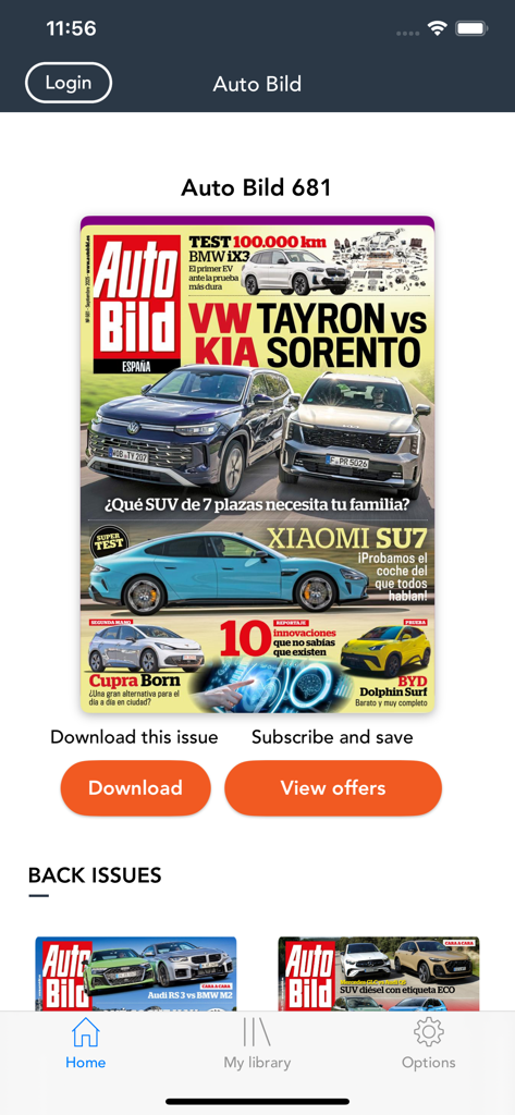 Auto Bild España mobile app home screen showing the latest automotive magazine issue and subscription options.