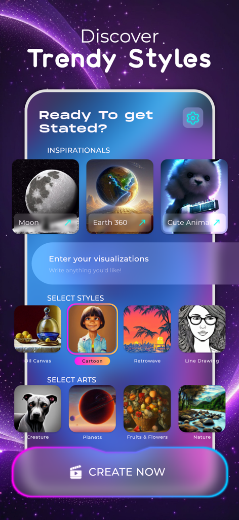 Interfaz de la aplicación Generador de Arte IA mostrando estilos artísticos de moda y opciones de creación.