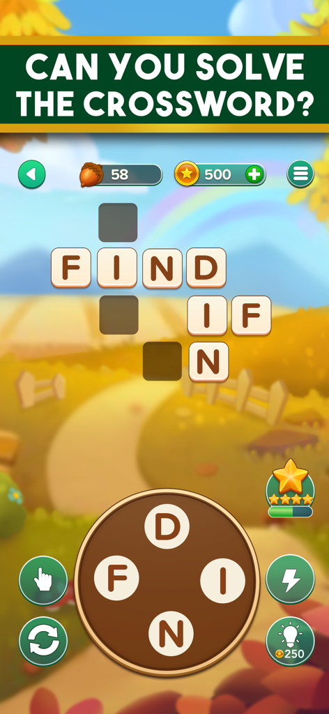 Mobile game screen of Word Nut showing a crossword grid with words FIND and IF and a letter wheel with D F I N