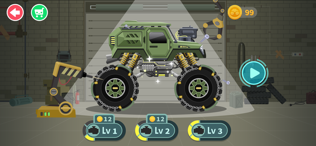 Monster Truck Games for kids - Green monster truck customization and upgrade screen in a garage