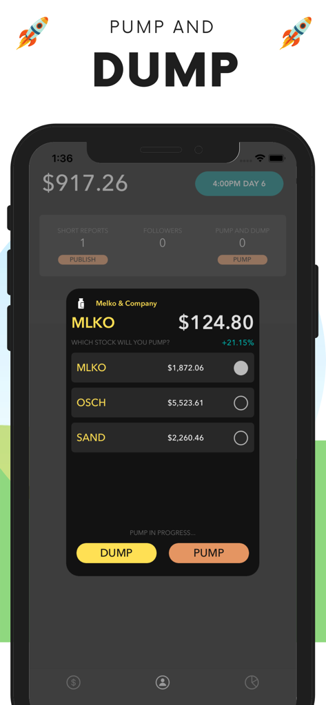 Captura de pantalla de la aplicación móvil del simulador de bolsa Day Trader que muestra la interfaz de trading de pump and dump