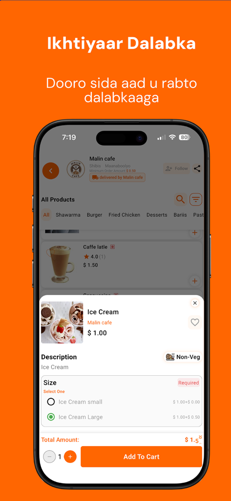 Screenshot of Caawiye app showing food ordering and customization options for Malin Cafe in Somalia