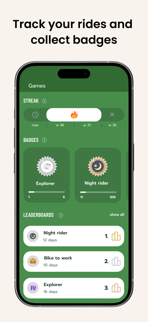 Cyclers: Bike Route Planner - Interfaz de la aplicación Cyclers mostrando insignias de ciclismo, rachas y tablas de clasificación